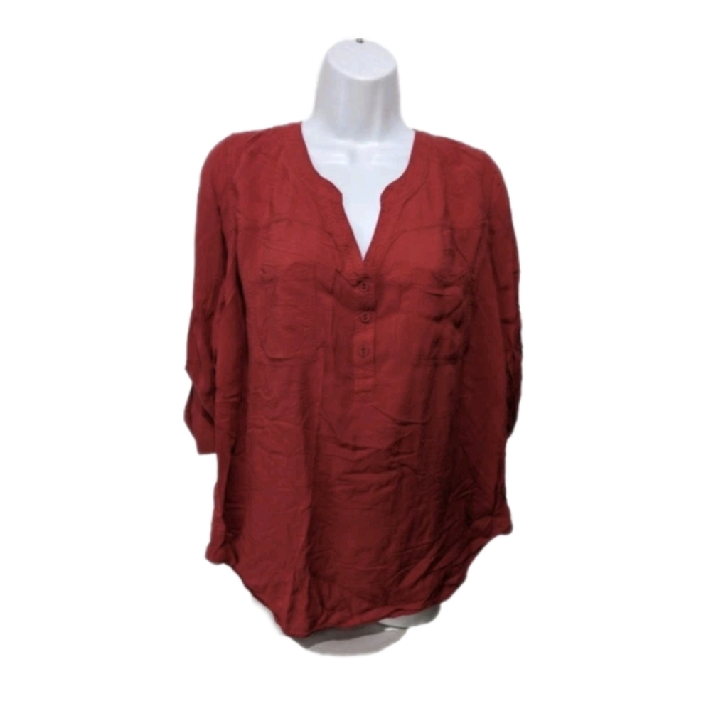 Torrid 2 Harper Popover Shirt 2X Red Pink Casual Roll Tab Sleeve #5300
